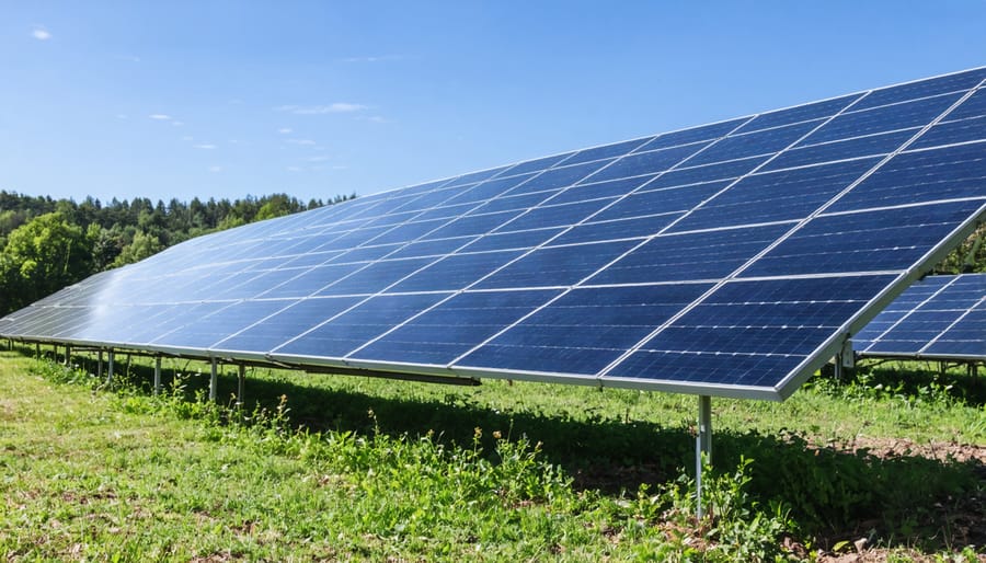 Diverse group of community members standing in front of community solar panel installation