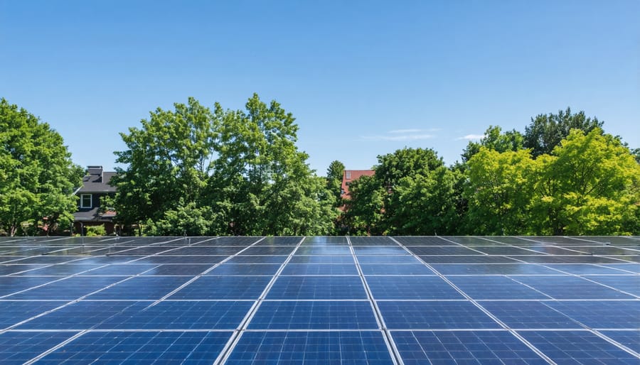 Large-scale community solar panel installation in field with residential area in background