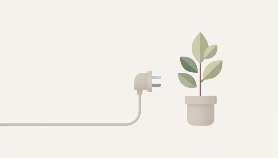 A person holds a power plug near an off-screen tablet and a green houseplant in warm sunlight